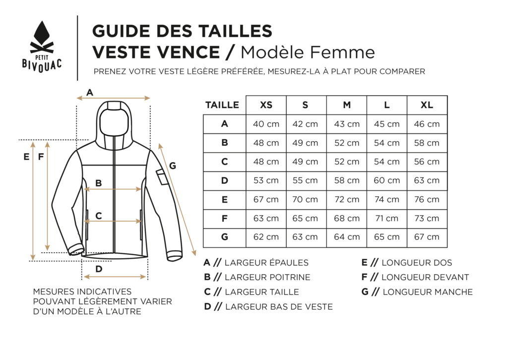 Guide des tailles veste Femmes Petit Bivouac Vence