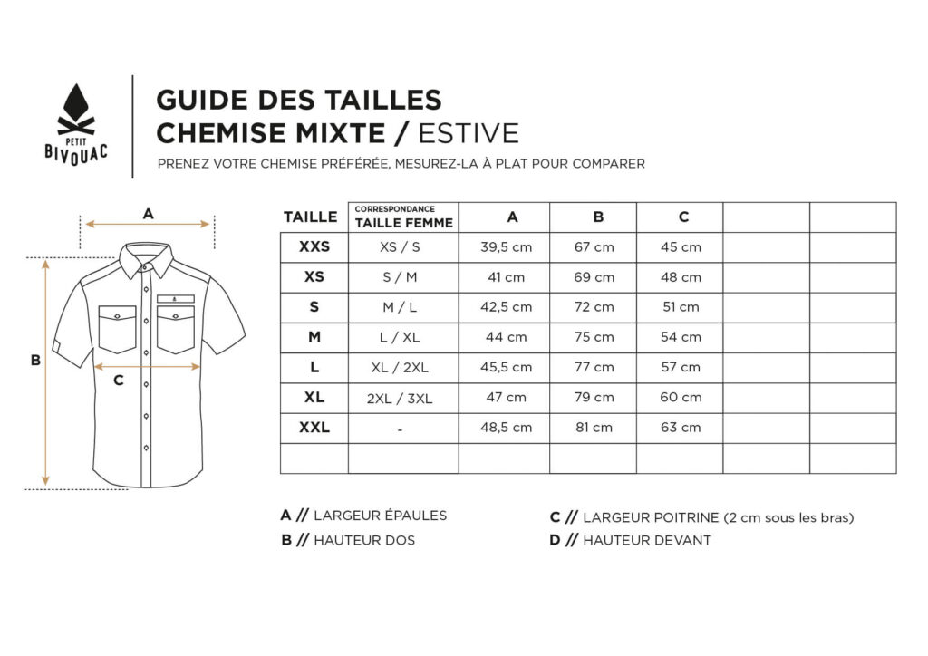 Guide des tailles - chemise Manches Courtes Emeindras Estive